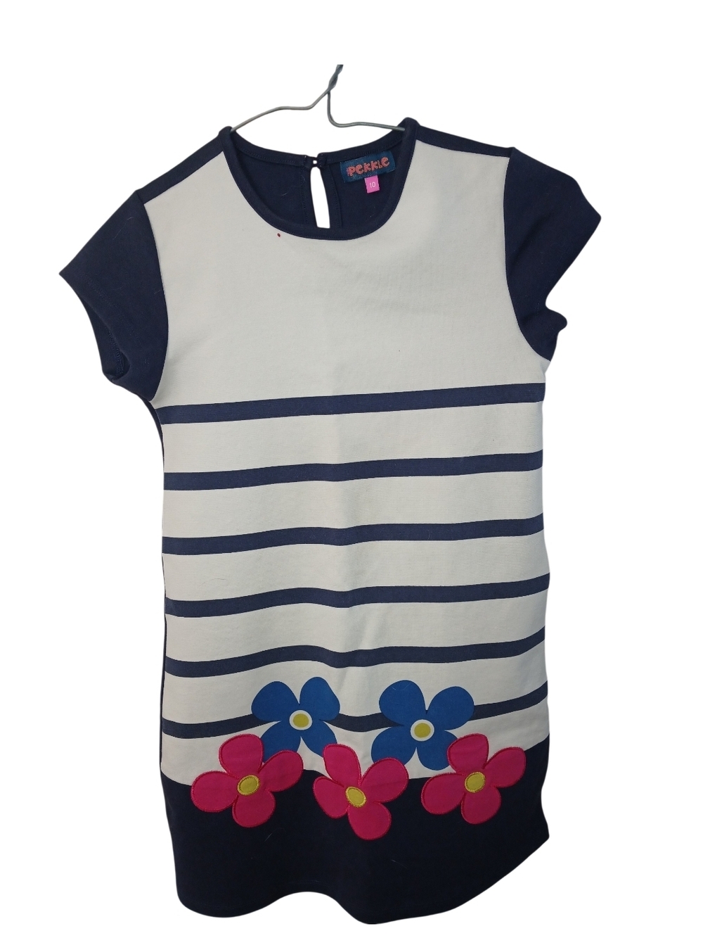 💫Pekkle Kids Girl'sNavy & White Striped Embroided Floral Casual Dress